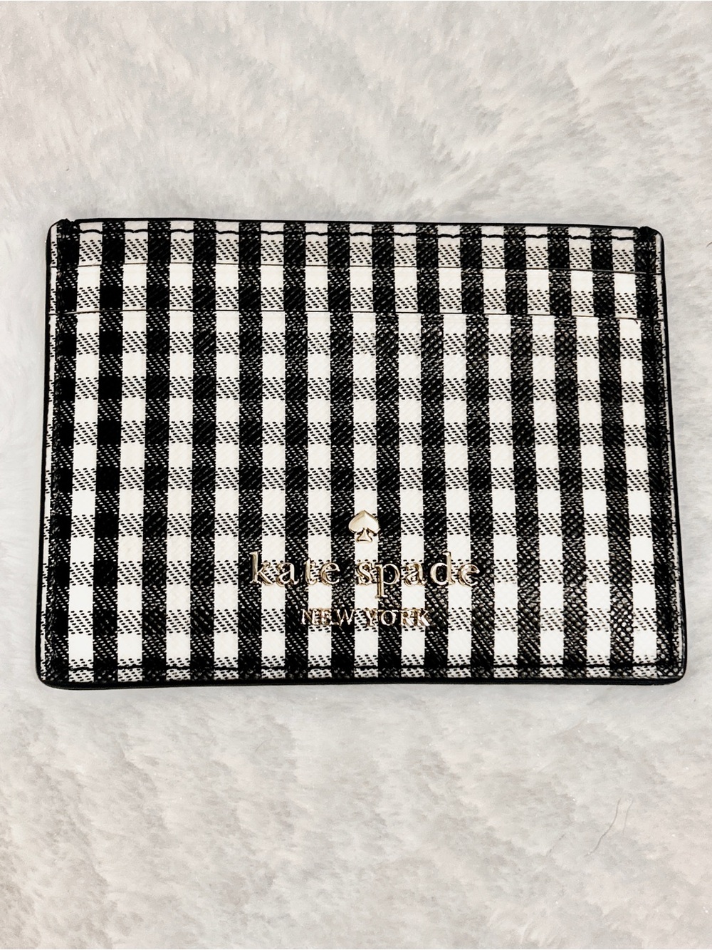 Kate Spade Black and White Gingham Card Case Holder with Silver Logo